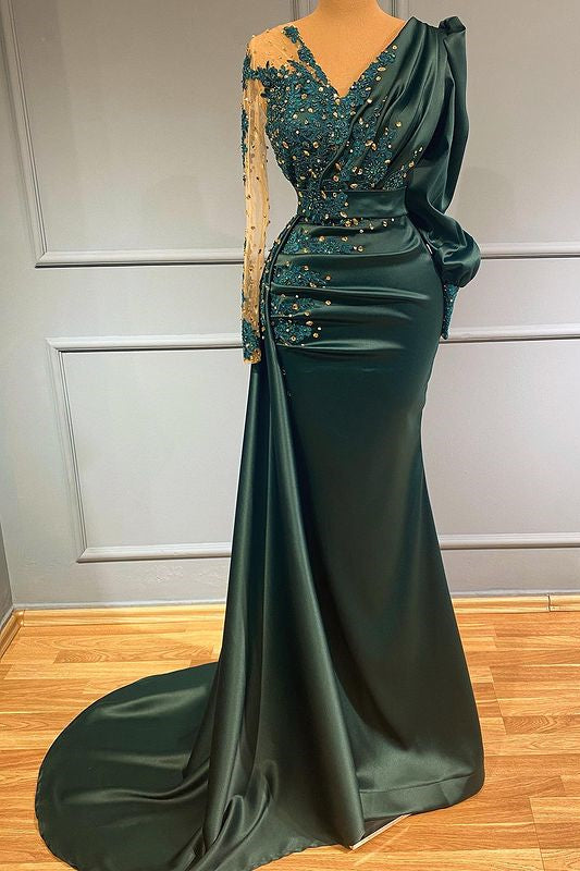 Dark Green V-Neck Long Sleeves Evening Dress With Beadings And Lace Appliques