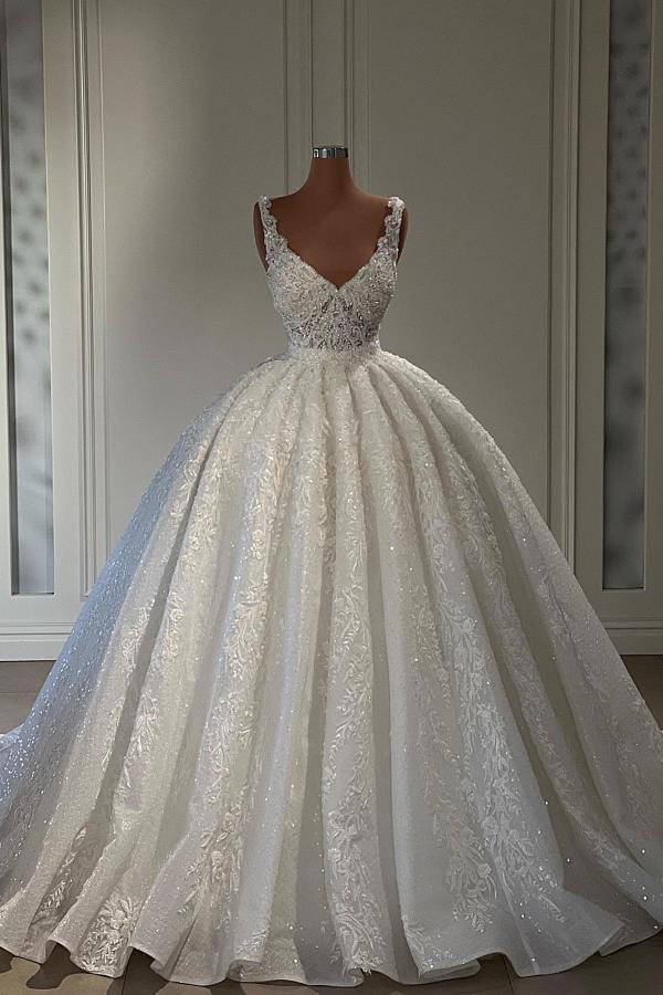 Bmbride Sweetheart Floor Length Sleeveless Lace Ball Gown Wedding Dress with Ruffles