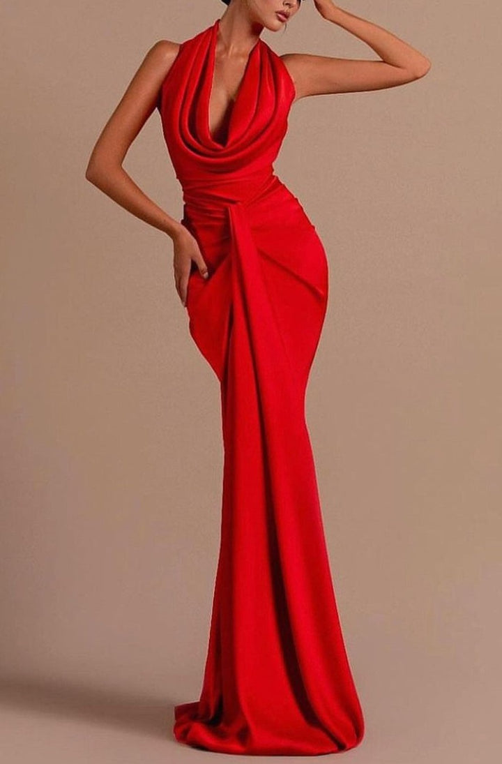 Long Red Sleeveless Halter Open Back Mermaid Prom Dress