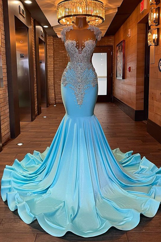 Sleeveless Evening Dress Blue Appliques Mermaid With Rhinestone