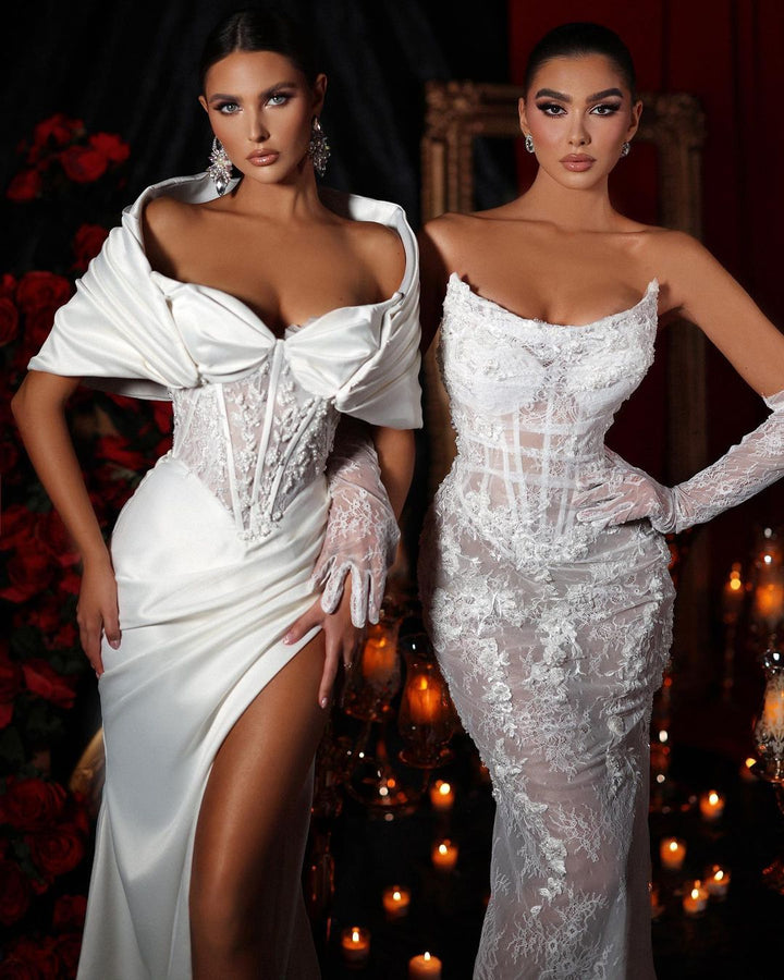 Off-the-shoulder Split Charmeuse Elegant White Wedding Dress