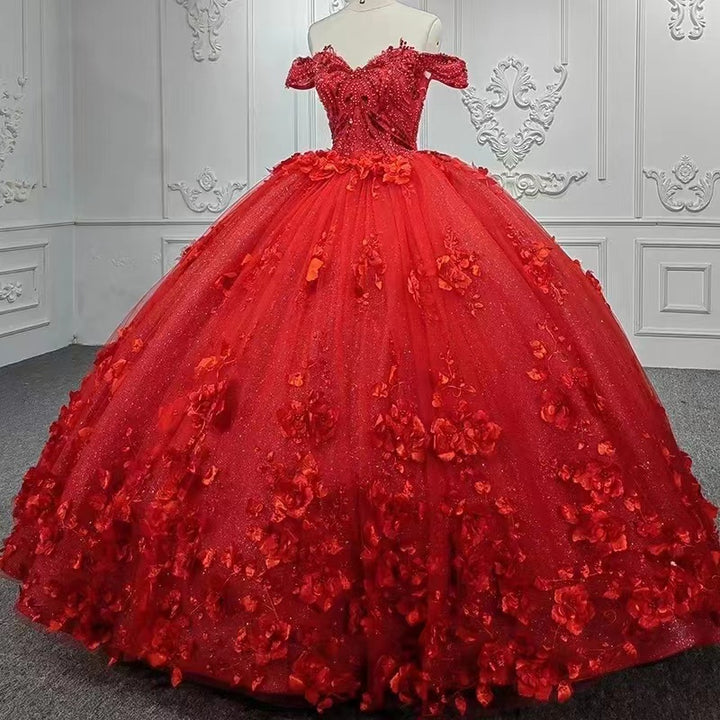 Bmbride Red Long Ball Gown Off Shoulder Tulle Lace Prom Dress