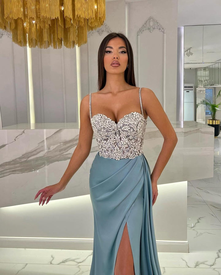 Baby Blue Prom Dress with High Slit Spaghetti Straps Sweetheart Appliques