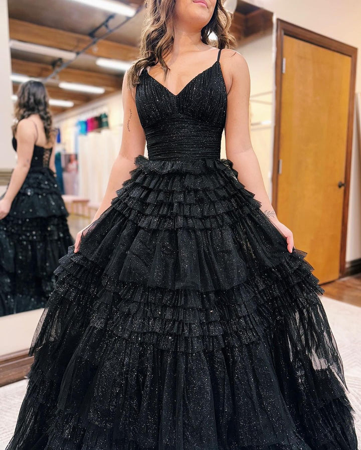 Black Tulle Prom Dress: V Neck Sleeveless Gown