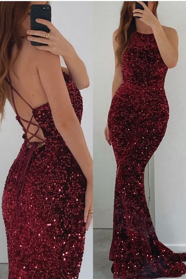 Sleeveless Mermaid Prom Dress in Burgundy with Sequins