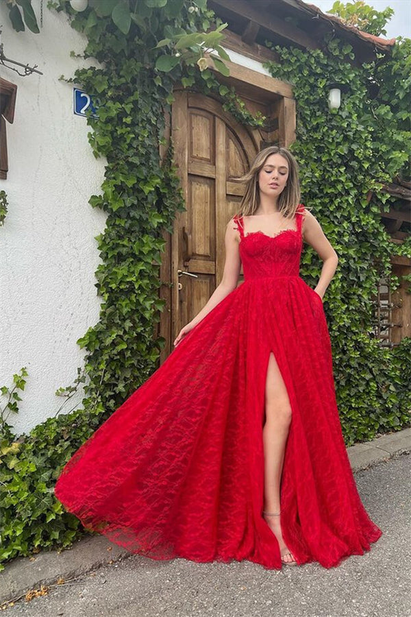 Online Red Front Split Evening Dress With Sleeveless Appliques