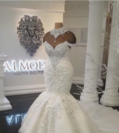 Bmbride Off-the-Shoulder Mermaid Wedding Dress with Appliques and Crystals