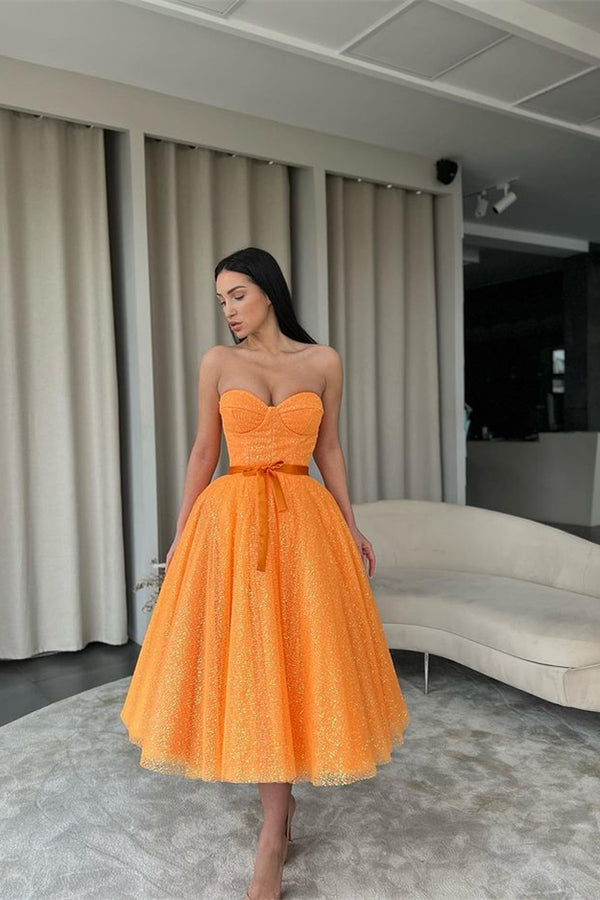 Short Evening Dress Sequins With Belt - Orange Sweetheart