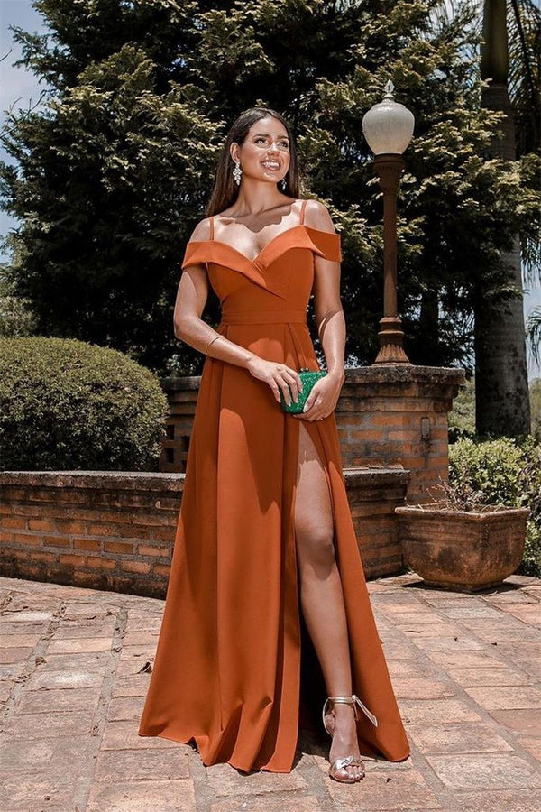 Burnt Orange Off-The-Shoulder Evening Dress with Spaghetti-Straps and Sweetheart Split