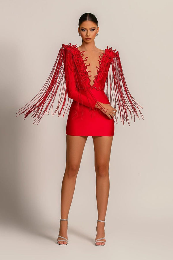 Short Red V Neck Tassel Evening Dress with Sexy Long Sleeves