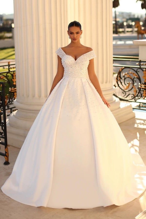 Bmbride Long Ball Gown Off the Shoulder Satin Backless Wedding Dresses