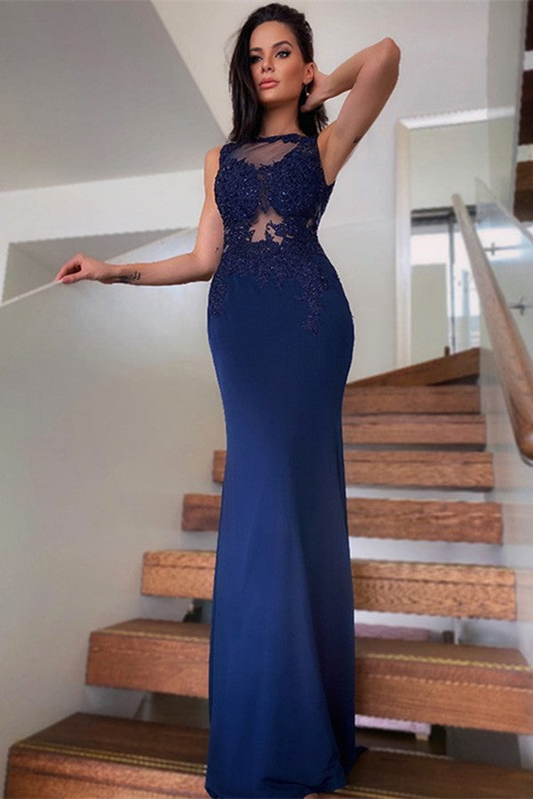 Mermaid Prom Dress with Navy Blue Lace Appliques