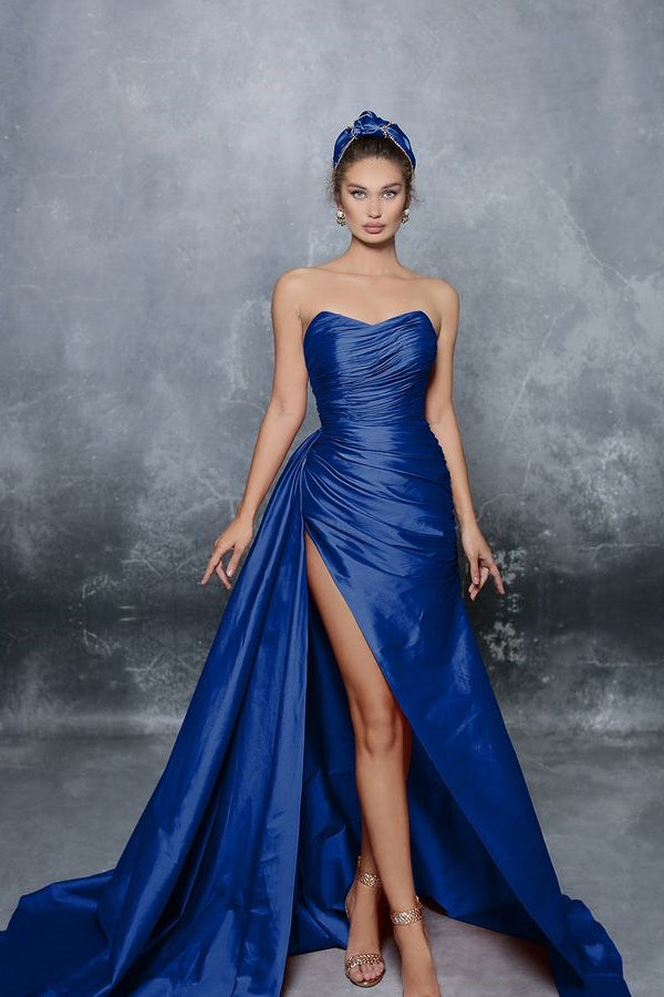 Blue Elegant Sleeveless Strapless Prom Dress with Pleated Slit