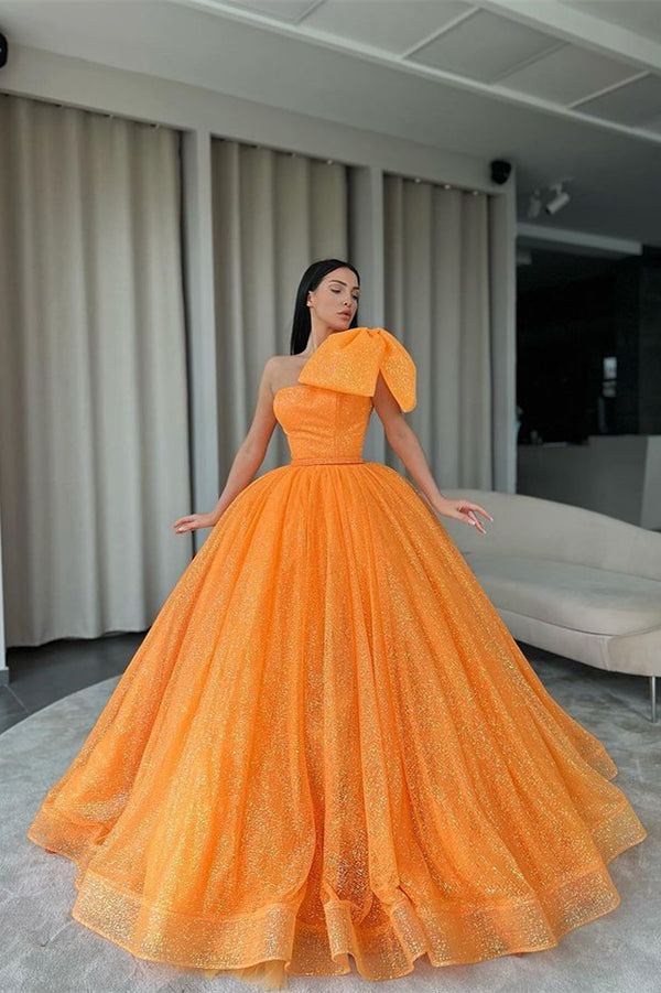 Sequin Orange One-Shoulder Ball Gown Evening Dress