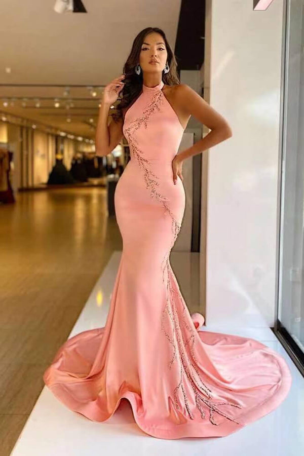 High Neck Pink Mermaid Prom Dress With Applique