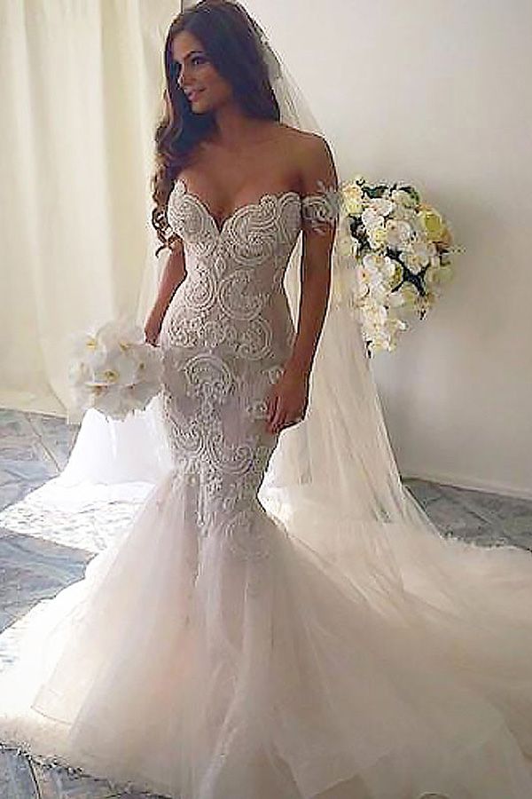 Bmbride Mermaid Style Chapel Train Off-the-Shoulder Tulle Wedding Dresses