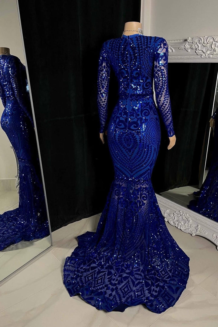 Royal Blue Evening Dress with Long Sleeves Sequins V Neck and Mermaid Silhouette