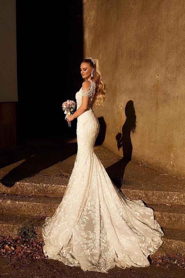 Bmbride Long Mermaid Halter Lace Wedding Dress