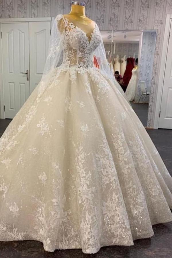 Bmbride Vintage A-line Bateau Wedding Dress with Appliques Lace Sequins and Tulle Floor-length