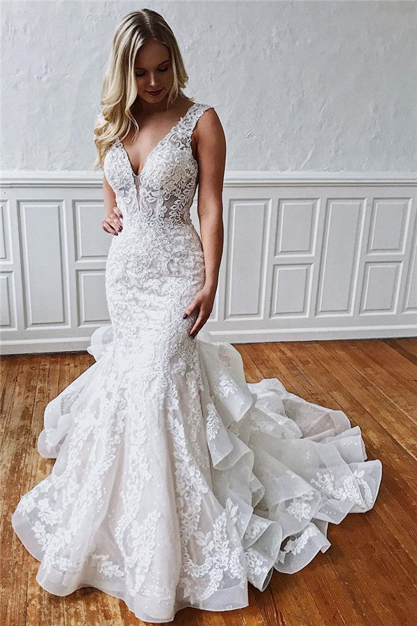 Bmbride Strapless Ruffled Lace Mermaid Wedding Dresses