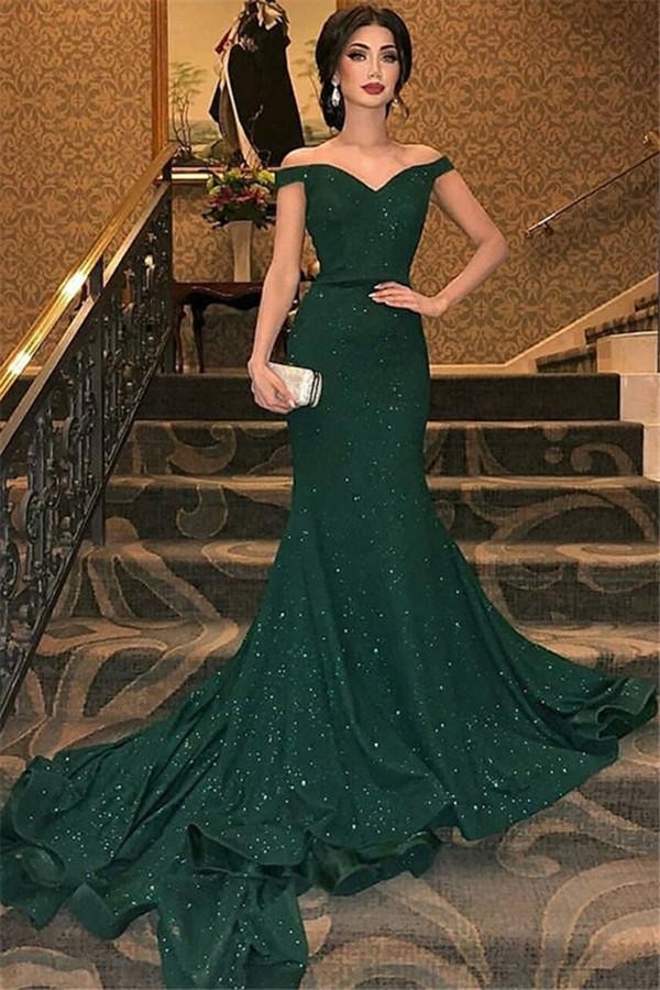 Off-the-Shoulder Dark Green Mermaid Evening Dress