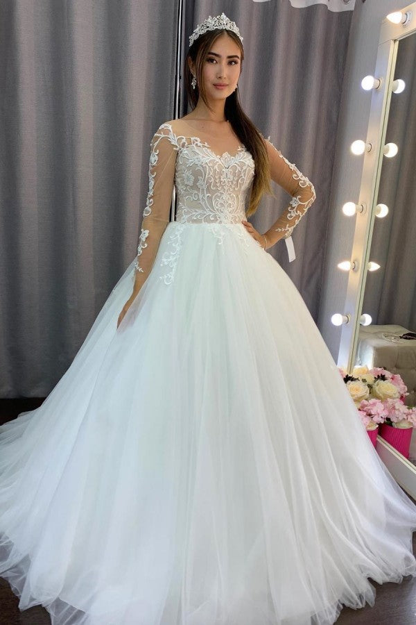 Bmbride A-line Tulle Long Sleeves Wedding Dress with Lace