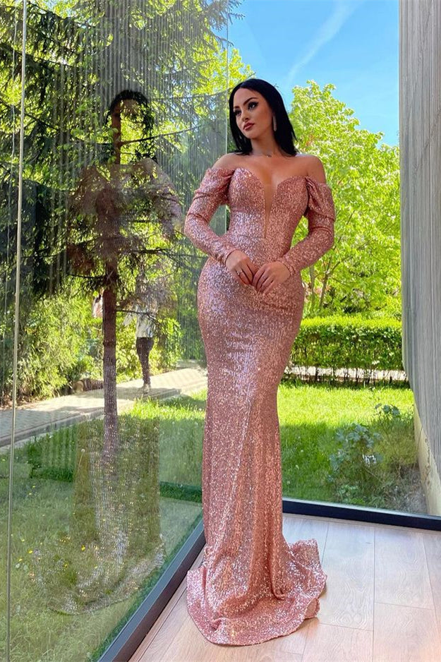 Sequins Mermaid Prom Dress with Elegant V-Neck Split and Long Sleeves