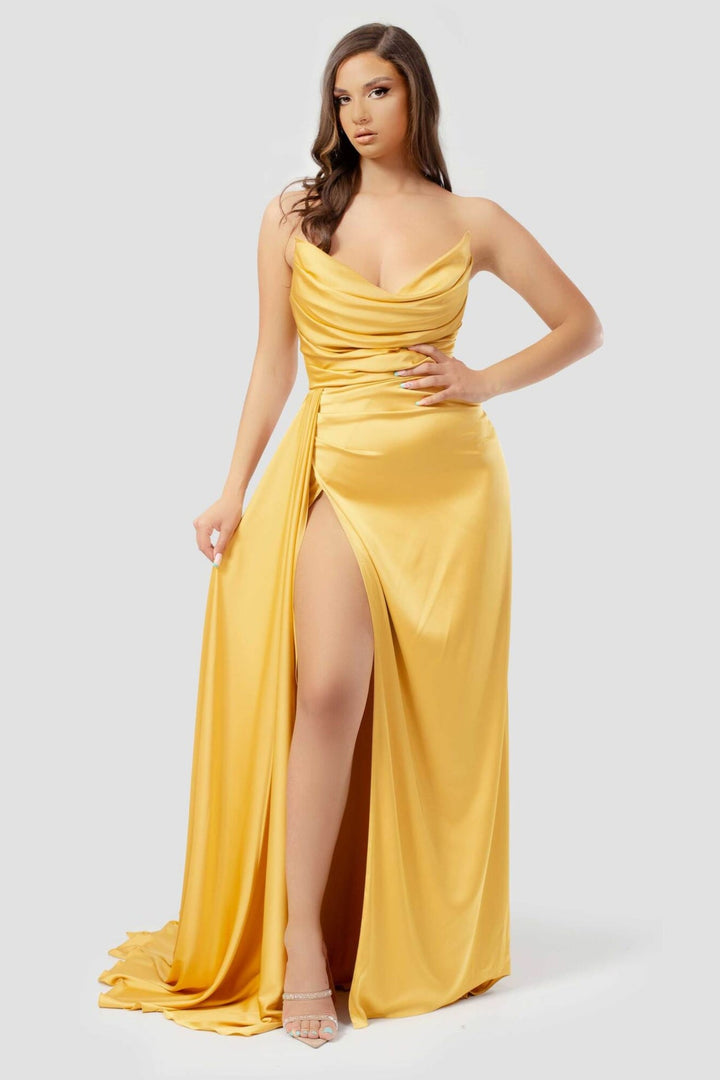 Yellow Long Prom Dress with Pleated High Slit Strapless Sleeveless