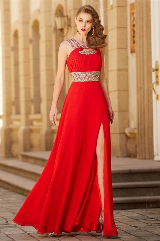 Red Halter Prom Dress with Crystal Split