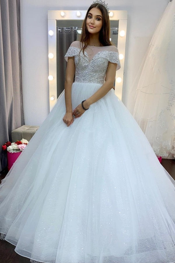 Bmbride A-Line Bateau Sequins Crystal Short Sleeve Tulle Train Wedding Dress