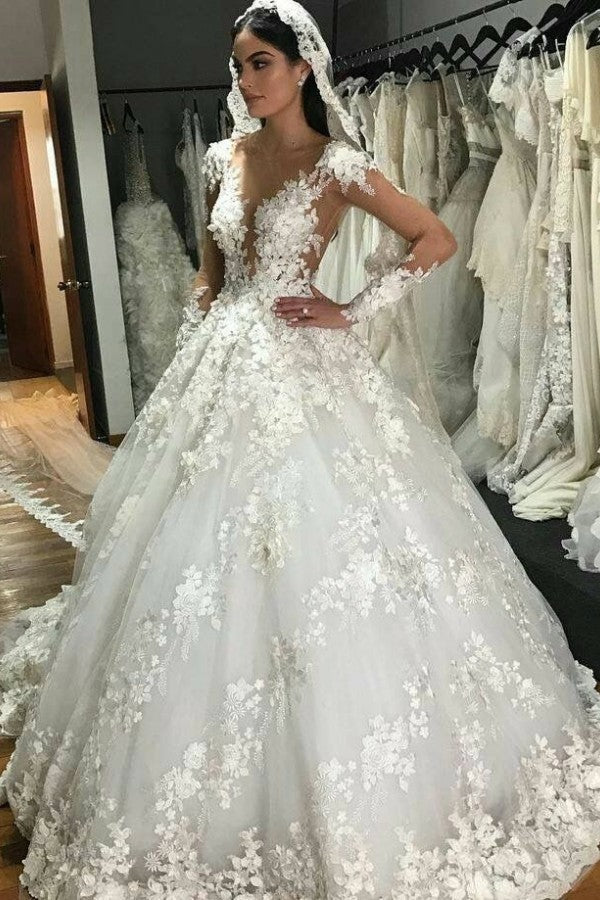 Bmbride Bateau Long Sleeve Appliques Lace Backless Ruffles Floor-length Princess Wedding Dress