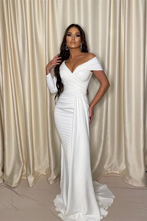 White chic evening dress prom dress with one shoulder off-the-shoulder design and pleated detailing.