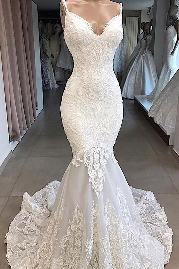 Bmbride Mermaid Wedding Dress with Amazing Appliques and Tulle