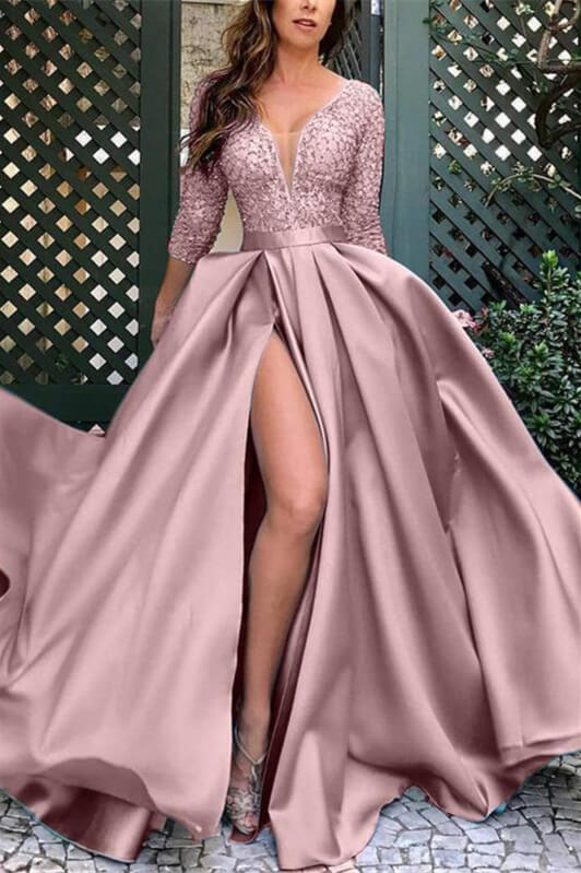Satin Long Prom Dress With Lace Split