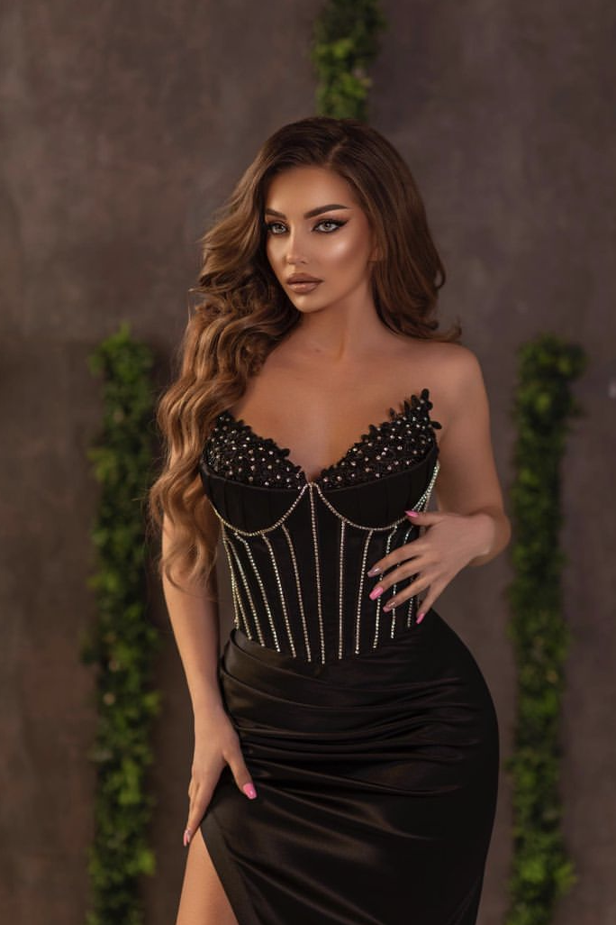 Black V Neck Off The Shoulder Prom Dress with Slit and Beadings