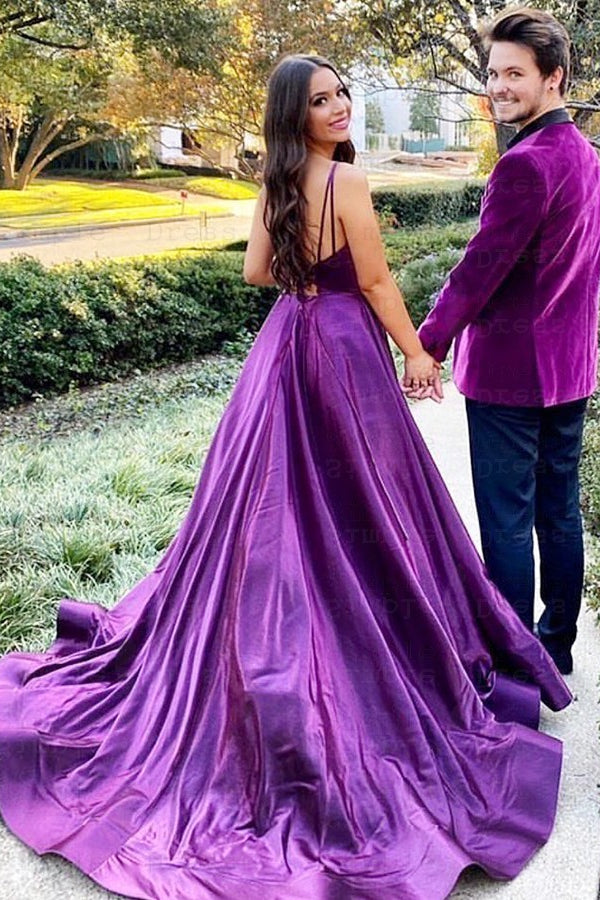 Purple Prom Dress with Spaghetti Straps and V-Neck