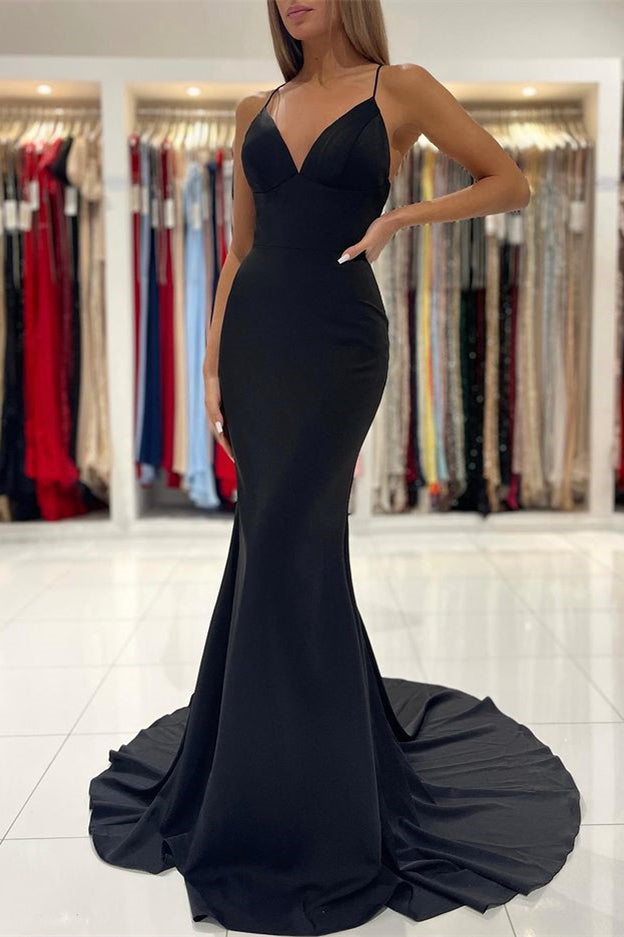 Charmeuse Mermaid Long Prom Dress with Black Spaghetti Straps