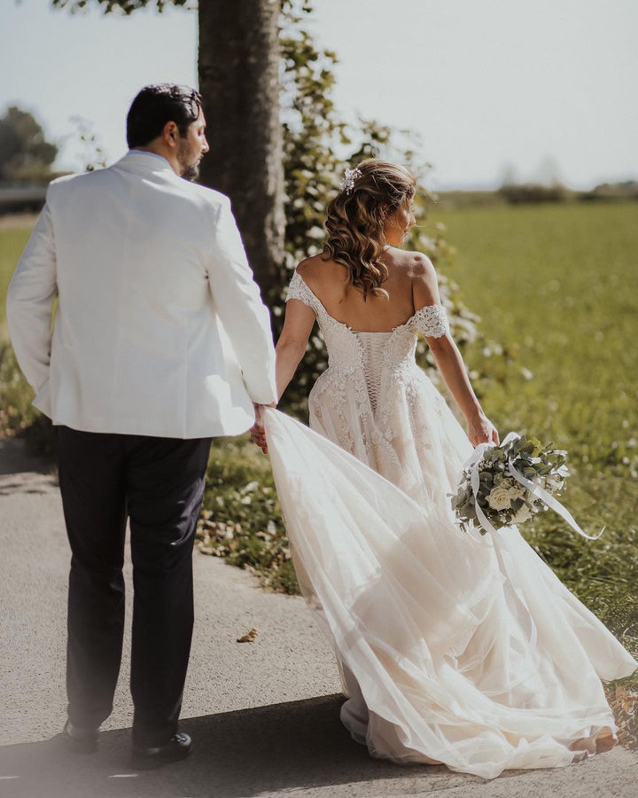 Bmbride Off-the-Shoulder Tulle Boho Wedding Dress with Lace