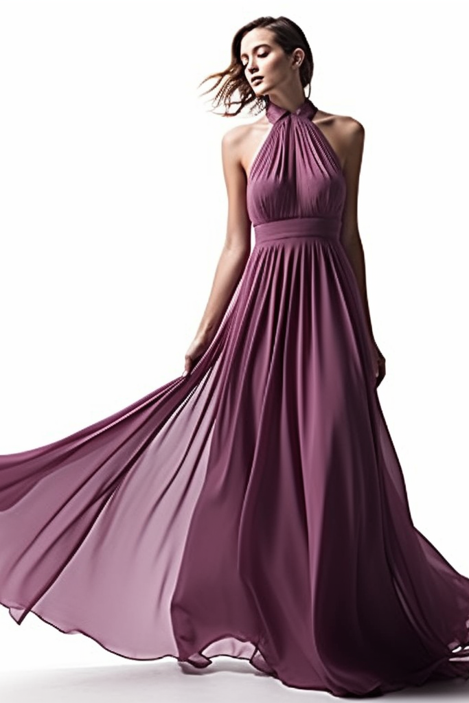 Purple Halter Chiffon Prom Dress with Sleeveless and Long Pleated design