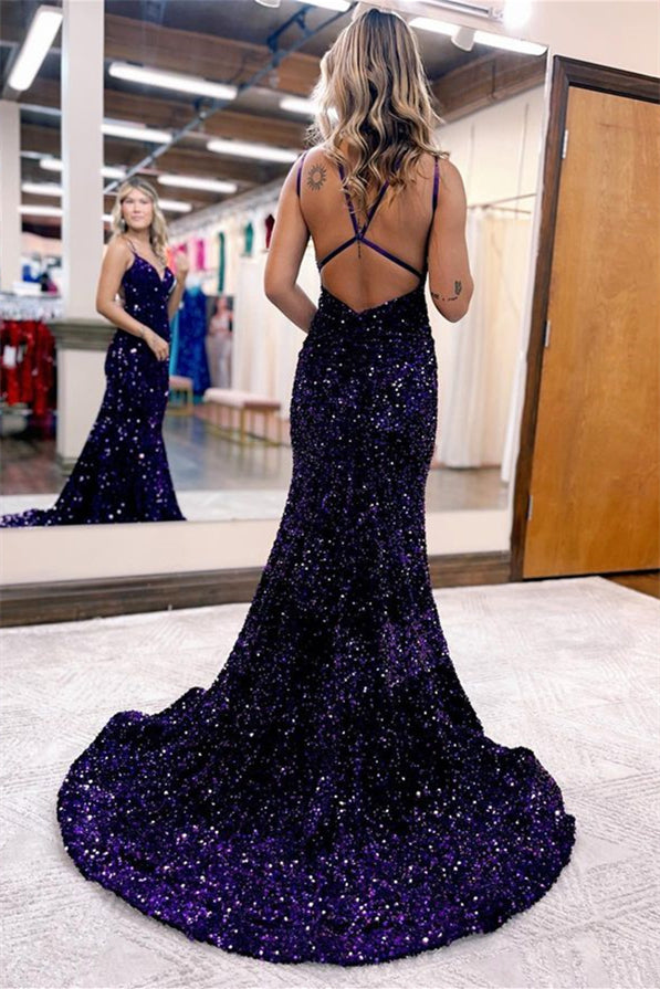 Sequins Long Evening Dress V Neck Spaghetti Strap