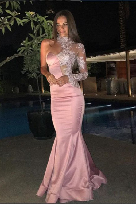 One Shoulder Pink Prom Dress with Long Sleeves