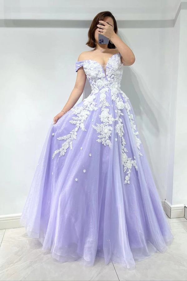 Lilac Sweetheart Off-The-Shoulder Tulle Evening Dress With Appliques