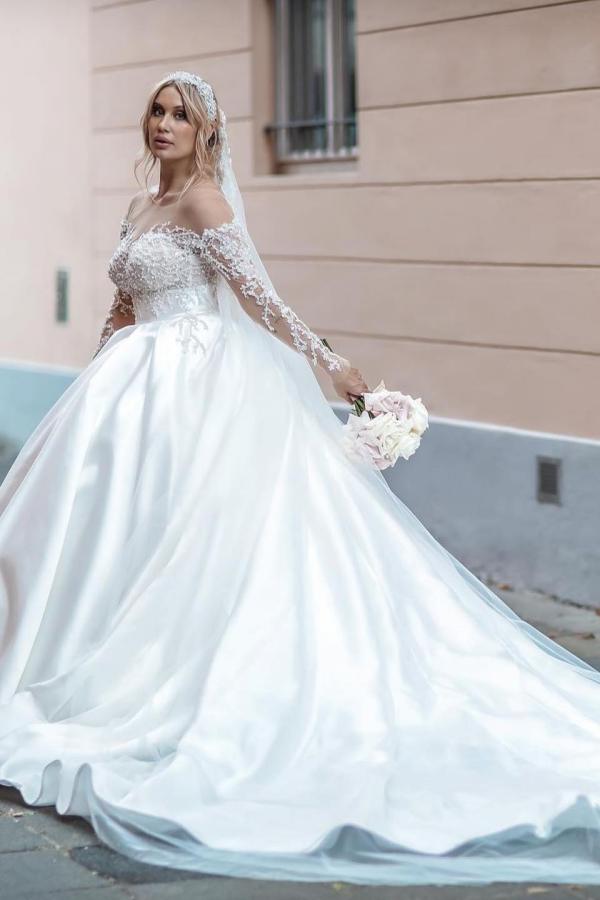 Bmbride White Long Ball Gown Wedding Dress with Sleeves