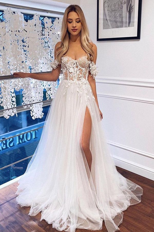 Bmbride White Lace Off The Shoulder A Line Boho Wedding Dress