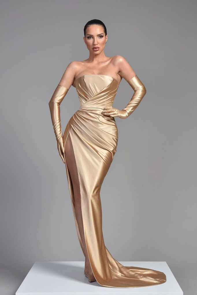 Champagne Evening Dress with Half Sleeves Off-the-Shoulder Design Pleated Slit