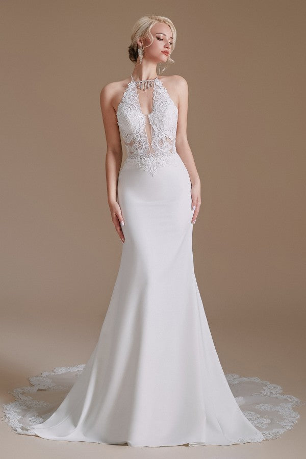 Bmbride Long Mermaid Halter Backless Satin Wedding Dresses with Appliques Lace