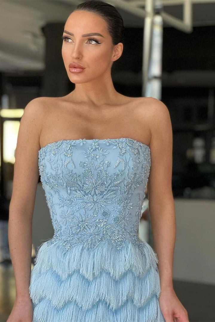 Off-the-Shoulder Blue Evening Dress with Pleated Feather Beadings