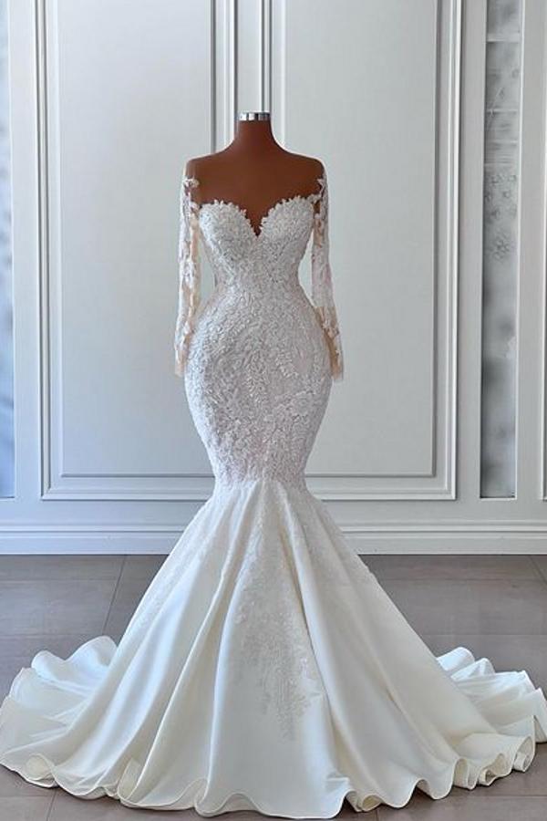 Bmbride Elegant White Long Mermaid Sweetheart Satin Lace Wedding Dresses with Sleeves