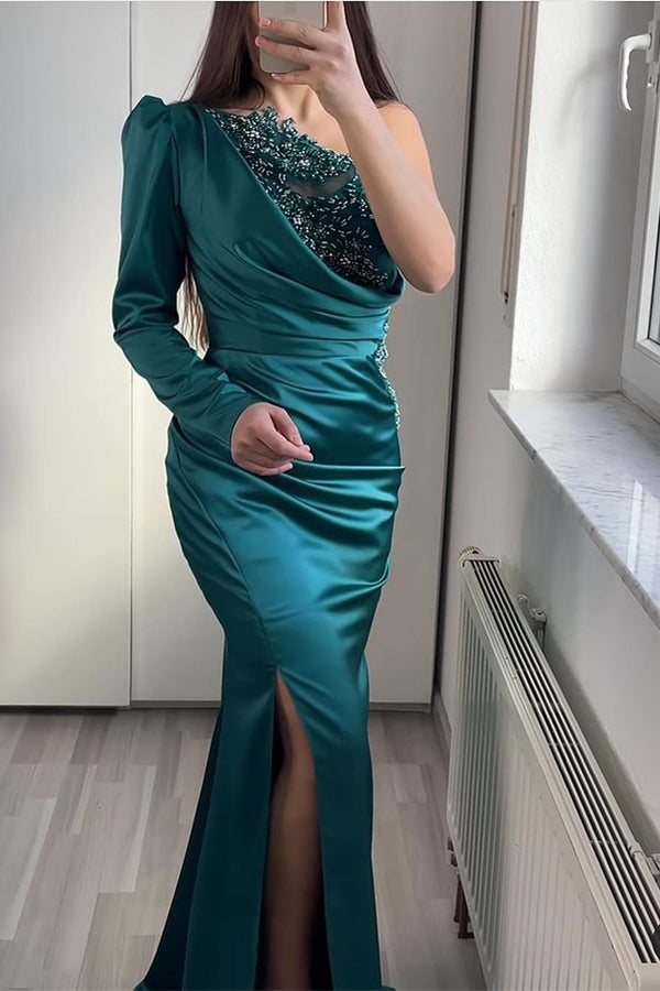 One-Shoulder Long-Sleeve Mermaid Split Evening Dress with Beadings