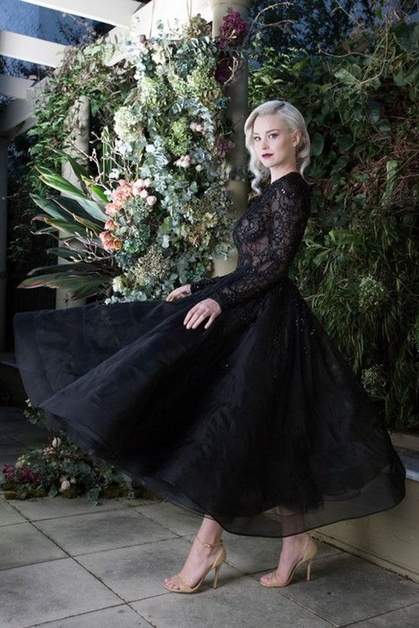 Bmbride Elegant Black Bateau Long Sleeve Appliques Lace Tea-length Wedding Dress